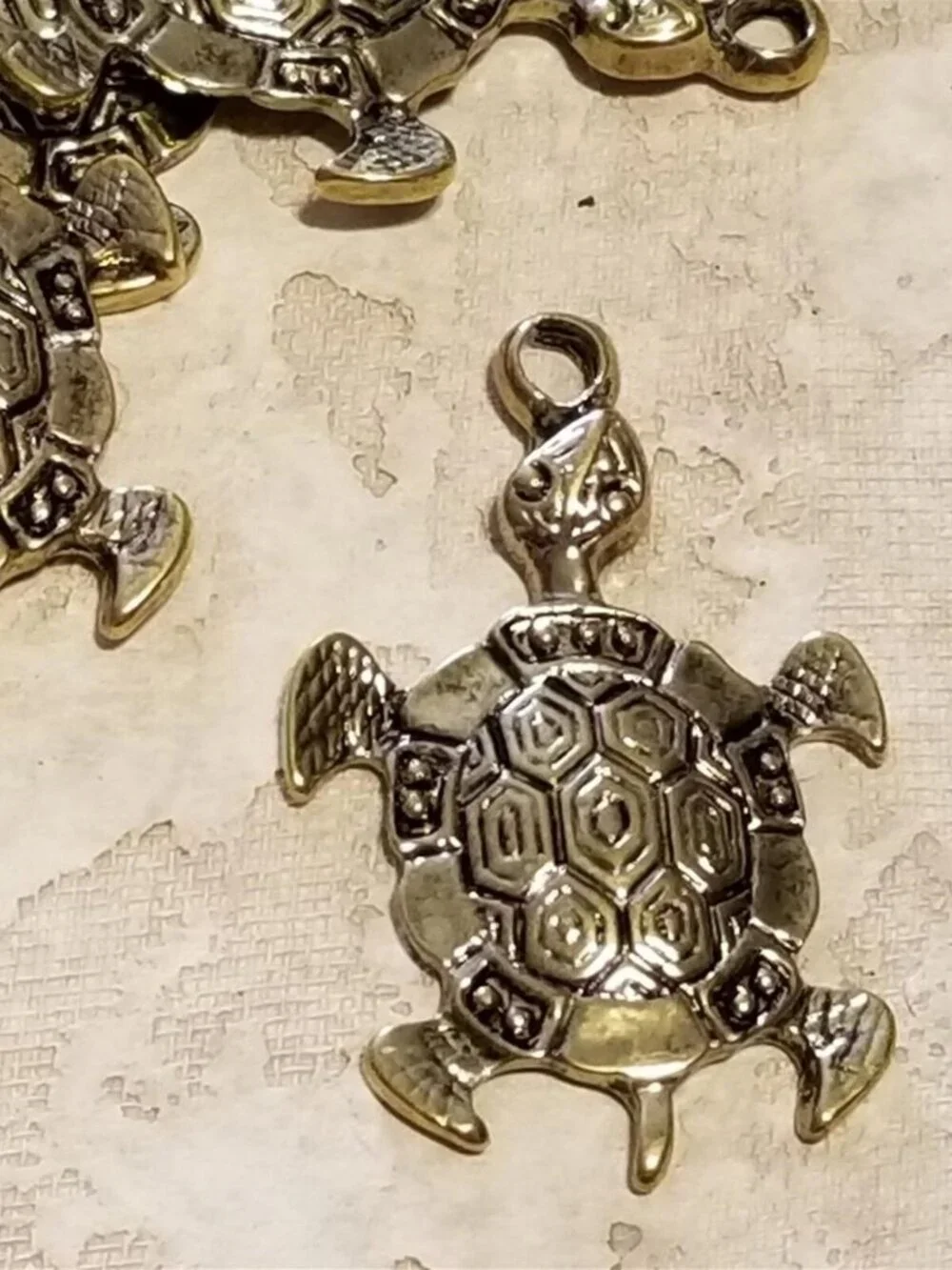Carved Turtle Tortoise Pendant Antiqued Gold Plated Pewter 39x28mm